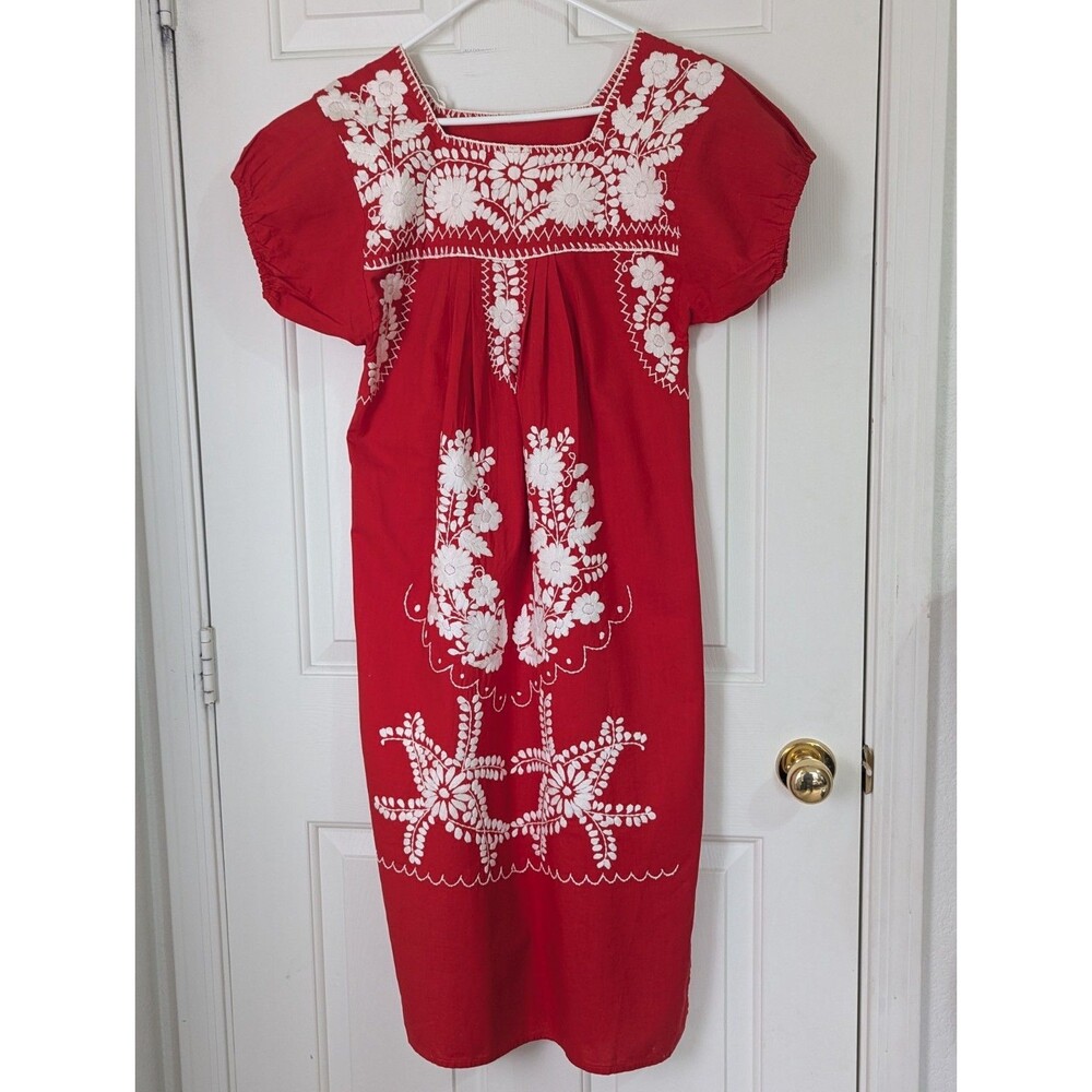 VTG Handmade Oaxaca Mexican S/S Dress Womens Small Red White Floral Embroidery